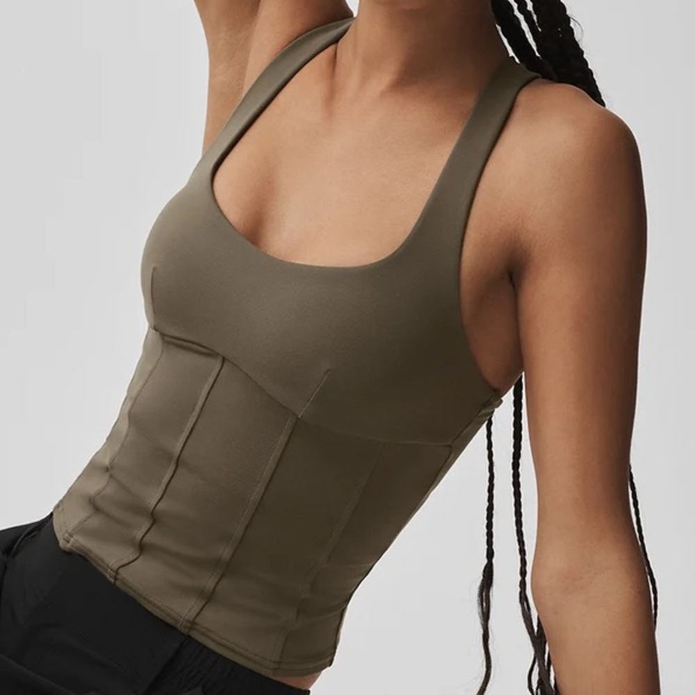 Alo Yoga Airbrush Sparks Fly Corset Tank Olive Tree S